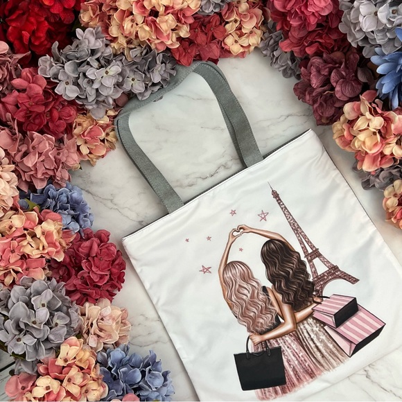 Two Girls Shopping in Paris Zippered Shoulder Tote Bag - Picture 3 of 16